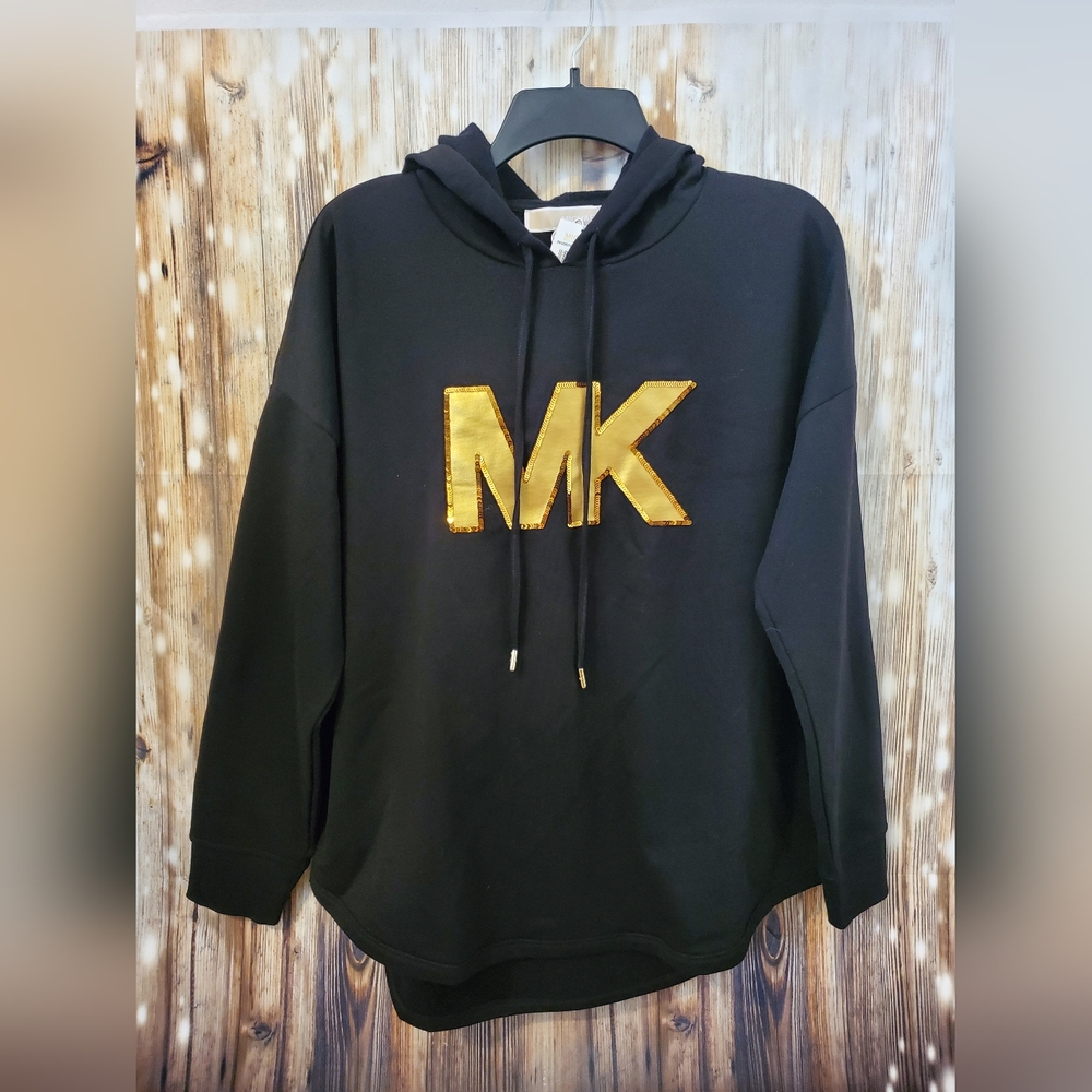 Michael Kors Black and Gold Sequin MK Logo Hooded Sweatshirt.